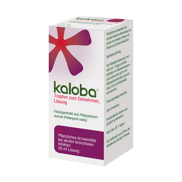 Packung mit kaloba Tropfen zur Einnahme, pflanzliches Arzneimittel gegen akute Bronchialinfekte, 20 ml Lösung.