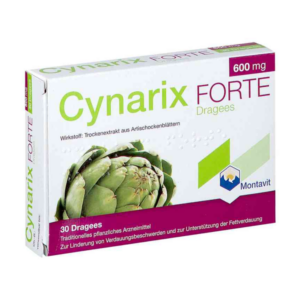 Verpackung von Cynarix Forte Dragees mit Artischockenblättern als Wirkstoff, 600 mg, 30 Dragees für Verdauungsbeschwerden.