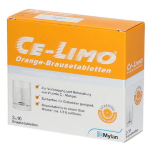 Verpackung von Ce-Limo Orange-Brausetabletten, einem Vitamin C Präparat in der Geschmacksrichtung Orange.