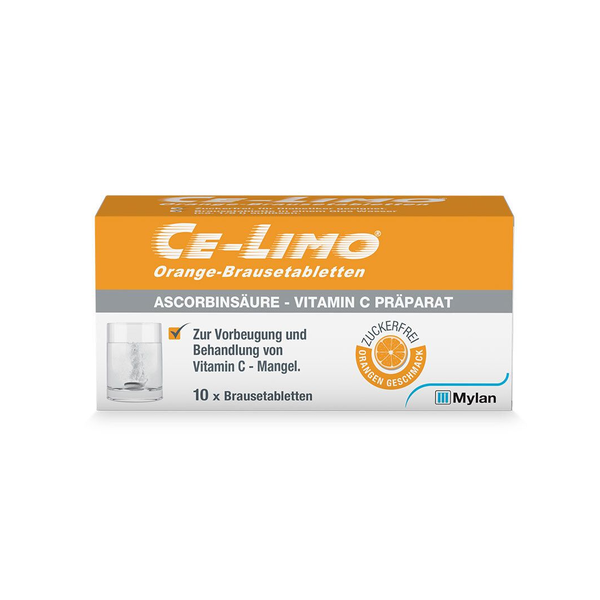 Verpackung von CE-LIMO Orange-Brausetabletten mit Hinweis auf Vitamin C und zuckerfreier Orangen-Geschmack.