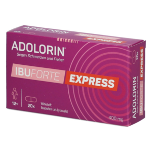 Packung von Adolorin IBUFORTE EXPRESS, 400 mg, gegen Schmerzen und Fieber, enthält 20 Tabletten, für Personen ab 12 Jahren.