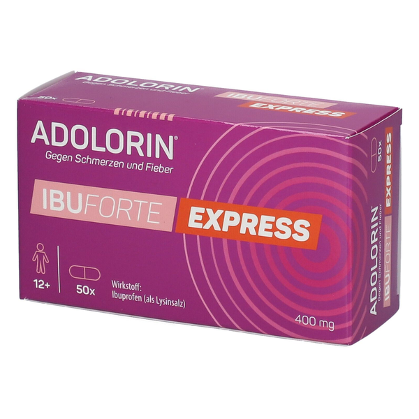 Verpackung von Adolorin IbuForte Express, 400 mg, zur Linderung von Schmerzen und Fieber, lila Design.
