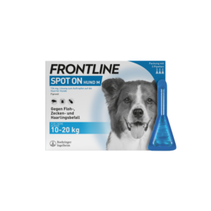 Verpackung von FRONTLINE Spot On für Hunde mit einem Hundebild und Pipette zur Bekämpfung von Flöhen und Zecken.
