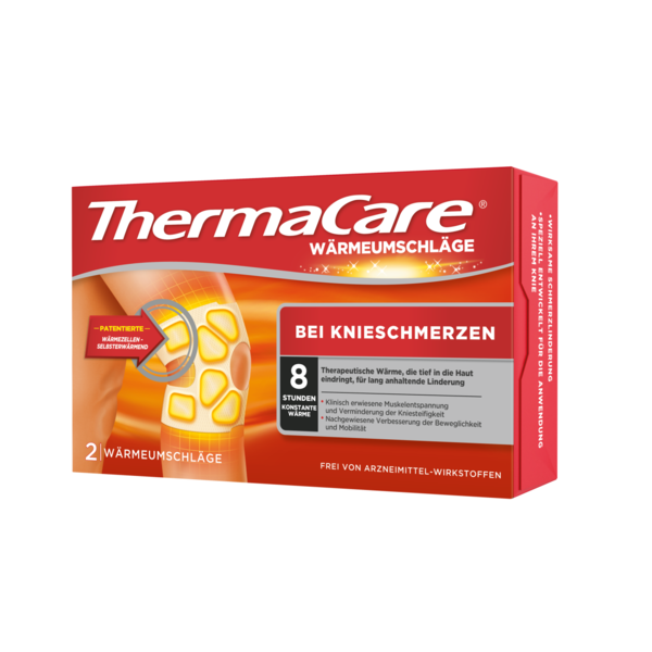 Verpackung von ThermaCare Wärmeschlägen für Knieschmerzen, bietet 8 Stunden therapeutische Wärme.