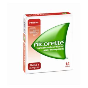 Packung mit Nicorette transdermalen Pflastern, semi-transparent, Phase 1, zur Rauchentwöhnung, mit grünem Logo.