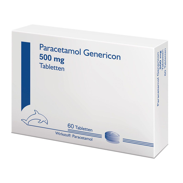 Verpackung von Paracetamol Genericon mit 500 mg in einer weißen Schachtel und blauer Schrift.