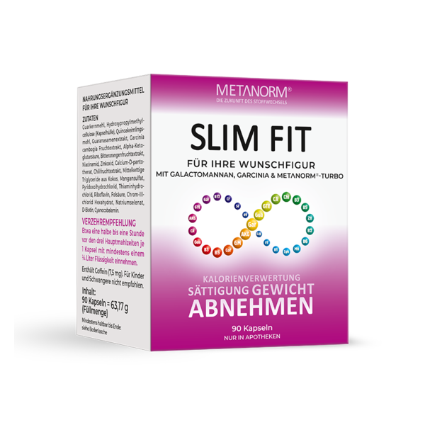 Schachtel mit 90 Kapseln von Metanorm Slim Fit zur Gewichtsreduktion, beschriftet mit Zutaten und Anwendungshinweisen.