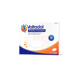 Verpackung eines Voltadol Schmerzpflasters, das 24 Stunden wirkt, mit Informationen zu Inhalt und Wirkstoff.