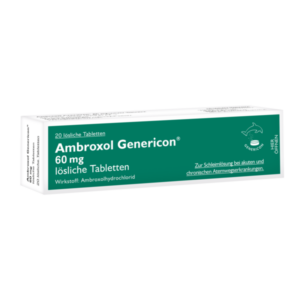 Packung mit 20 löslichen Tabletten Ambroxol Genericon 60 mg zur Schleimlösung bei Atemwegserkrankungen.