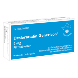 Packung mit 10 Filmtabletten Desloratadin Genericon 5 mg zur Behandlung von Allergien.