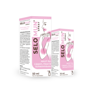 Zwei Verpackungen von SeloMun Spray in unterschiedlichen Größen, bescheinigt Wirksamkeit für Lippen, Haut und Schleimhäute.