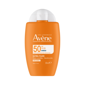 Sonnencreme in einem orangefarbenen Flakon mit Sicherheitsverschluss und UV-Schutz 50, speziell für empfindliche Haut.