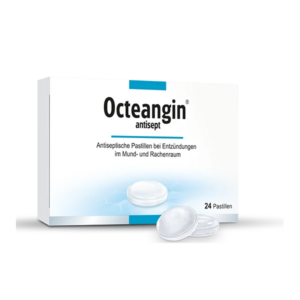 Packung mit Octeangin antisepitischen Pastillen für Entzündungen im Mund- und Rachenraum, mit zwei Pastillen sichtbar.