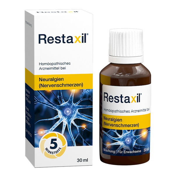 Flasche Restaxil, ein homöopathisches Arzneimittel gegen Nervenschmerzen, in Verpackung mit grafischem Neuralgie-Hintergrund.