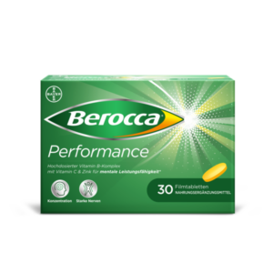 Berocca Performance, Verpackung mit 30 Filmtabletten, betont Vitamine B, C und Zink für mentale Leistungsfähigkeit.