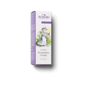 Verpackung von Dr. Klades Burgfräulein Camilla Massageöl mit einer Illustration einer Figur in einem weißen Kleid.