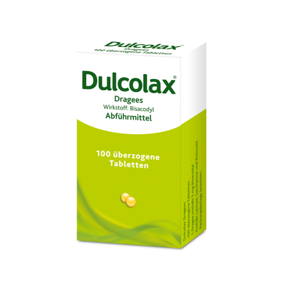 Verpackung von Dulcolax Dragees, Abführmittel mit Bisacodyl, in grüner und weißer Kartonage.