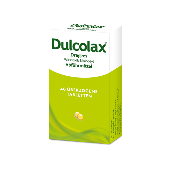 Verpackung von Dulcolax Dragees mit Bisacodyl als Abführmittel, grün-weiße Box mit 40 überzogenen Tabletten.