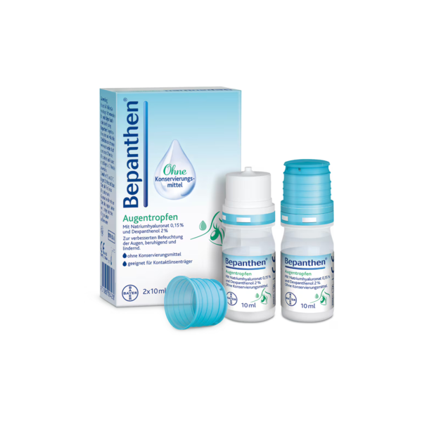 Bepanthen Augentropfen in zwei Flaschen mit einer Verpackung, die auf die Inhaltsstoffe hinweist.