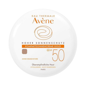 Kompaktsonnencreme von Avène mit hohem Sonnenschutzfaktor 50, geeignet für empfindliche Haut, ohne chemische Filter.