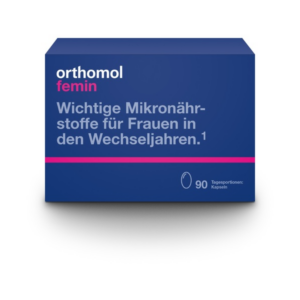 Weltblaues Verpackungsdesign für orthomol femin, das Mikronährstoffe für Frauen in den Wechseljahren bewirbt. Enthält 90 Kapseln.