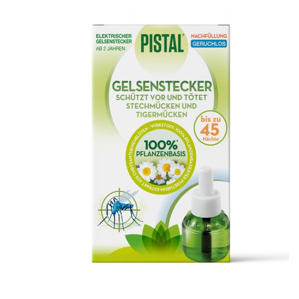 Packung eines elektrischen Gelsensteckers von PISTAL, pflanzenbasiert, geruchlos, reicht bis zu 45 Nächte.