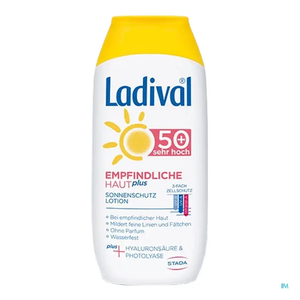 Sonnenschutzlotion von Ladival für empfindliche Haut mit Lichtschutzfaktor 50+, praktische Flasche mit gelbem Deckel.