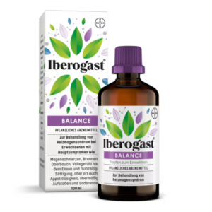 Iberogast Balance, pflanzliches Arzneimittel in einer braunen Flasche mit lila Kappe und Verpackung mit Blattmotiv.