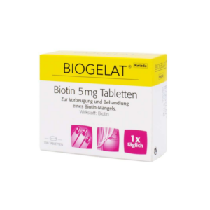 Verpackung von Biogelat Biotin 5 mg Tabletten zur Behandlung von Biotin-Mangel in gelber Box.