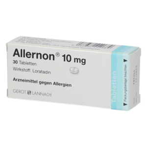 Schachtel mit Allergiemedikament Allernon, enthält 10 mg Loratadin, für Allergiebehandlung.
