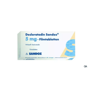 Packung mit Desloratadin Sandoz 5 mg Filmtabletten, weißes Design mit blauen und gelben Akzenten.