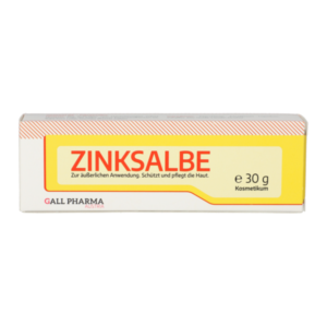 Verpackung einer Zinksalbe in einer 30 g Tube, mit gelber und roter Gestaltung, zur äußerlichen Anwendung.