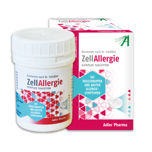 Packung und Dose mit ZellAllergie Tabletten zur Linderung von Heuschnupfen und akuten Allergie-Symptomen.