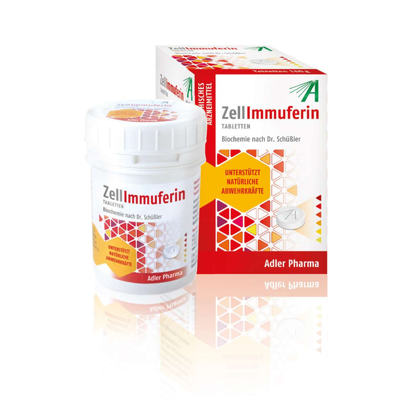 ZellImmuferin Tabletten in einem weißen Behälter, daneben die Verpackung mit buntem Design und dem Hinweis auf Abwehrkräfte.