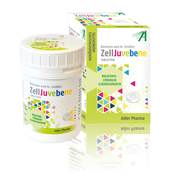 Weißer Behälter mit runder Kappe, beschriftet mit "ZellJuvene" und bunten geometrischen Mustern, daneben eine Verpackung.