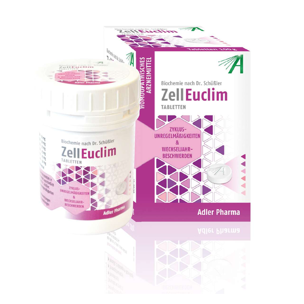 Packung von ZellEuclim Tabletten zur Unterstützung bei Zyklusunregelmäßigkeiten und Wechseljahrsbeschwerden.