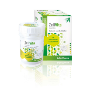 Packung und Dose ZellVita Tabletten, Hinweis bei Kraftlosigkeit und Erschöpfung, von Adler Pharma.