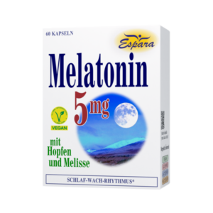 Packung mit 60 veganen Melatonin-Kapseln zu 5 mg, ergänzt mit Hopfen und Melisse, zur Unterstützung des Schlaf-Wach-Rhythmus.