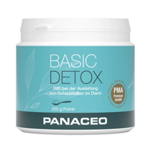 Dose mit blauem Etikett, beschriftet mit "BASIC DETOX", enthält 200 g Pulver zur Entgiftung.