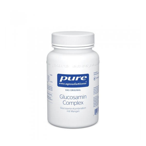 Weißes Fläschchen mit Schraubverschluss, gekennzeichnet mit "pure encapuslations Glucosamin Complex" und Inhaltsstoffen.