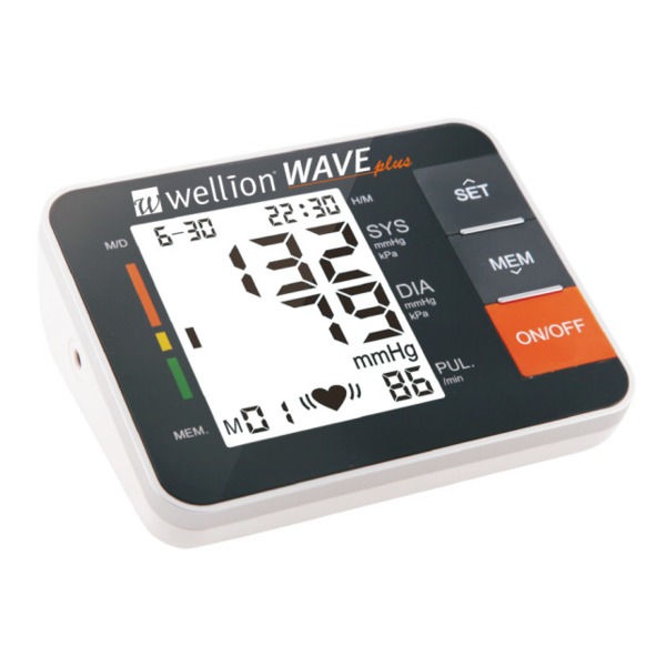 Blutdruckmessgerät wellion WAVE plus mit digitalen Anzeige für systolischen und diastolischen Druck sowie Puls.