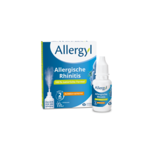 Verpackung von Allergyl zur Behandlung allergischer Rhinitis mit einem Fläschchen und einer Anleitung