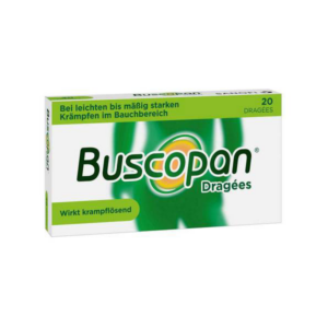 Packung Buscopan Dragees mit der Aufschrift "Wirkt krampflösend" und Dosierungsinformation.