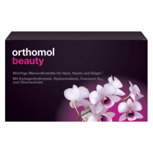 Verpackung von orthomol beauty mit Orchideenmotiv, betont wichtige Mikronährstoffe für Haut, Haare und Nägel.