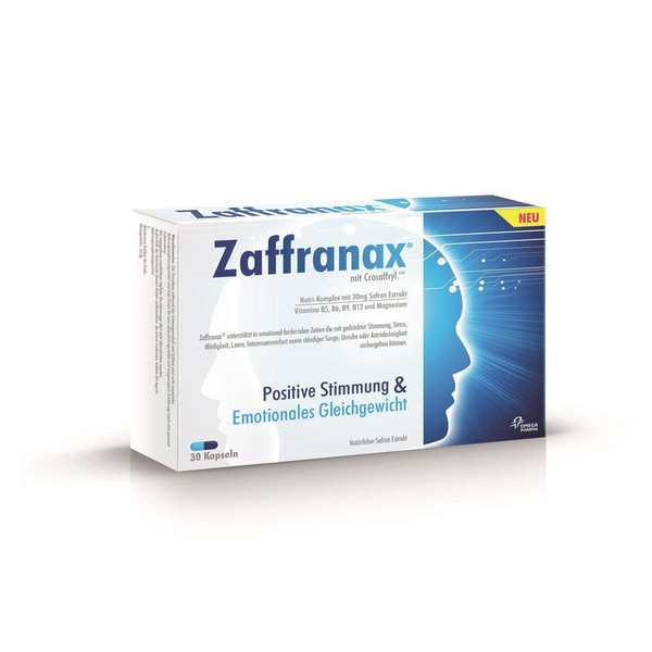 Verpackung des Nahrungsergänzungsmittels Zaffranax mit saffranhaltigem Nutri-Komplex und Vitaminen für positive Stimmung.