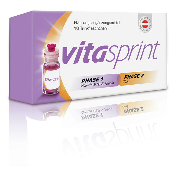 Karton mit Nahrungsergänzungsmittel in Trinkfläschchen, enthält Vitamin B12, Niacin und Zink.