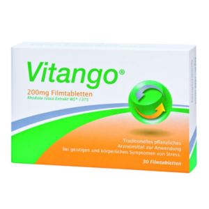 Verpackung von Vitango 200mg Filmtabletten zur Stressbewältigung mit Rhodiola rosea Extrakt.