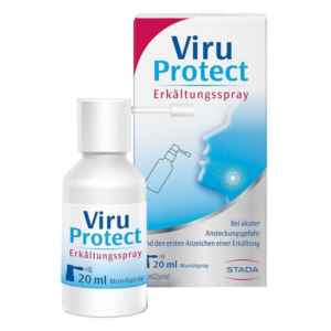 Viru Protect Erkältungspray in einer weißen Flasche mit Sprühaufsatz und Verpackung mit blauen und roten Designelementen.
