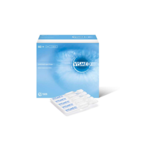 Viskose Augentropfen in einer Verpackung mit 60 Einzeldosen, blaues Design und abgebildetes Auge im Hintergrund.