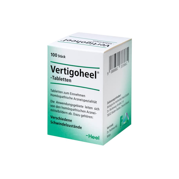 Packung mit Vertigoheel-Tabletten zur Behandlung verschiedener Schwindelzustände in homöopathischer Form.